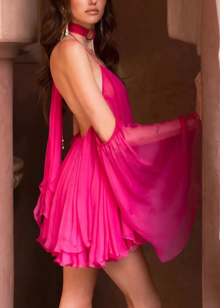 Sexy Rose V-Neck Backless Short Skirt Flared Sleeves