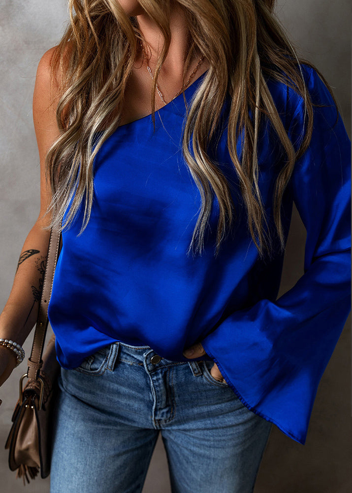 Sexy Royal Blue Asymmetrical One Shoulder Tops Fall