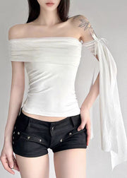 Sexy Slim Fit Black Cold Shoulder Bow Tulle T Shirt Tops Summer