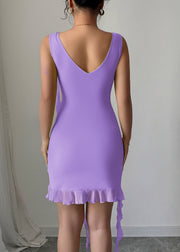 Sexy Slim Fit Purple V Neck Ruffled Patchwork Tulle Dress Sleeveless