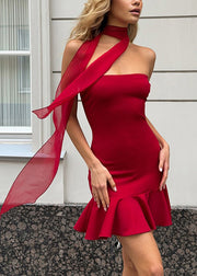 Sexy Slim Fit Red Ruffled Strapless Dress Summer