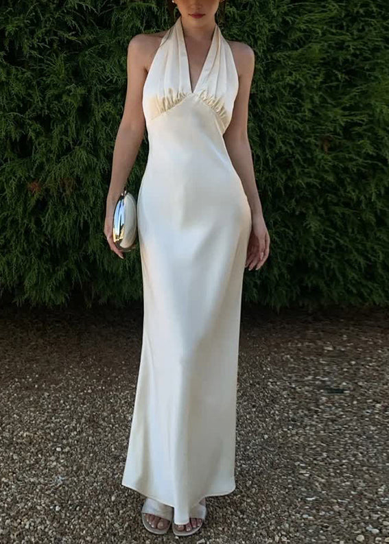 Sexy V Neck Backless Silk Halter Long Dresses Sleeveless