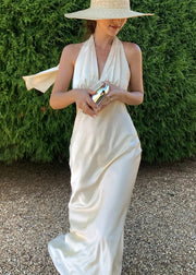 Sexy V Neck Backless Silk Halter Long Dresses Sleeveless