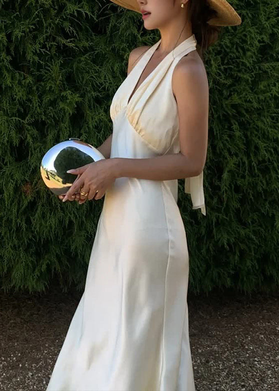 Sexy V Neck Backless Silk Halter Long Dresses Sleeveless