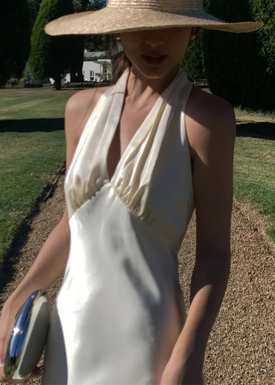 Sexy V Neck Backless Silk Halter Long Dresses Sleeveless