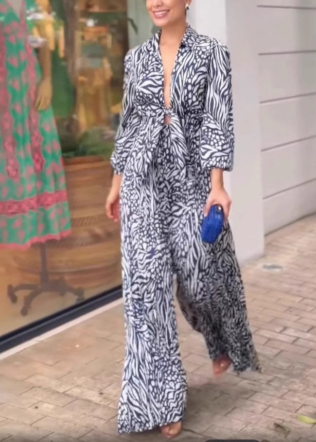 Sexy V Neck Print Wide Leg Jumpsuit Spring