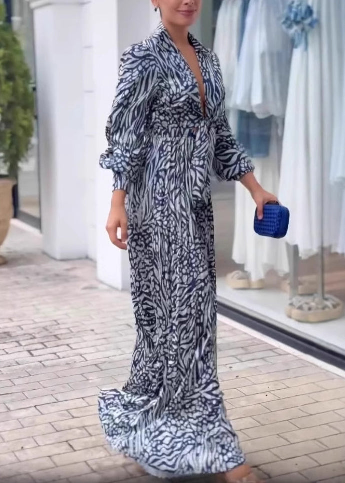Sexy V Neck Print Wide Leg Jumpsuit Spring