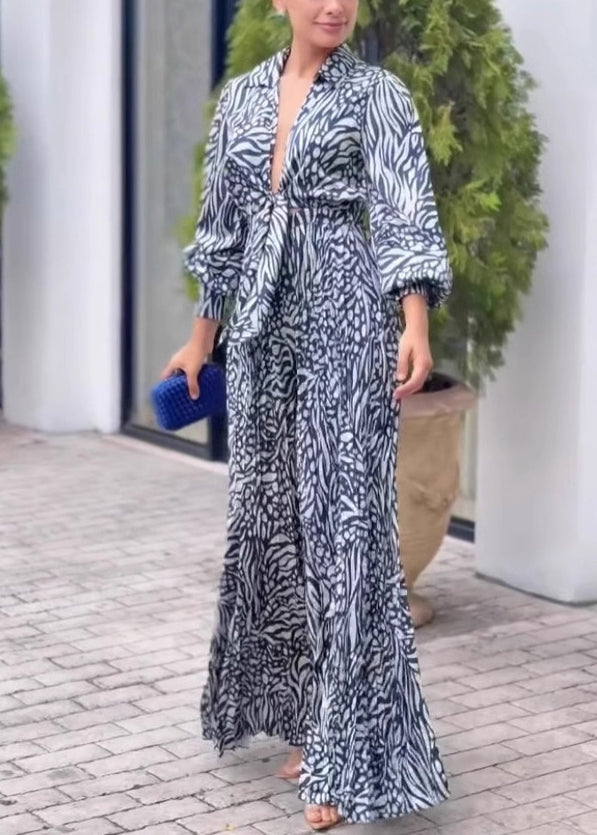 Sexy V Neck Print Wide Leg Jumpsuit Spring