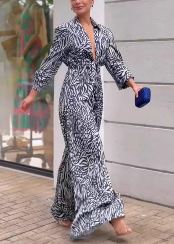 Sexy V Neck Print Wide Leg Jumpsuit Spring