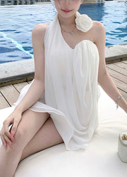 Sexy White Asymmetrical Floral Decorated Chiffon Beach Two Pieces Set Summer
