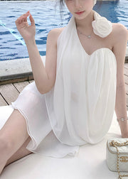 Sexy White Asymmetrical Floral Decorated Chiffon Beach Two Pieces Set Summer
