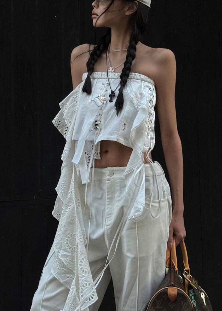 Sexy White Asymmetrical Hollow Out Cotton Tank Sleeveless