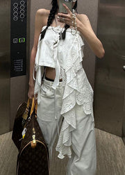 Sexy White Asymmetrical Hollow Out Cotton Tank Sleeveless