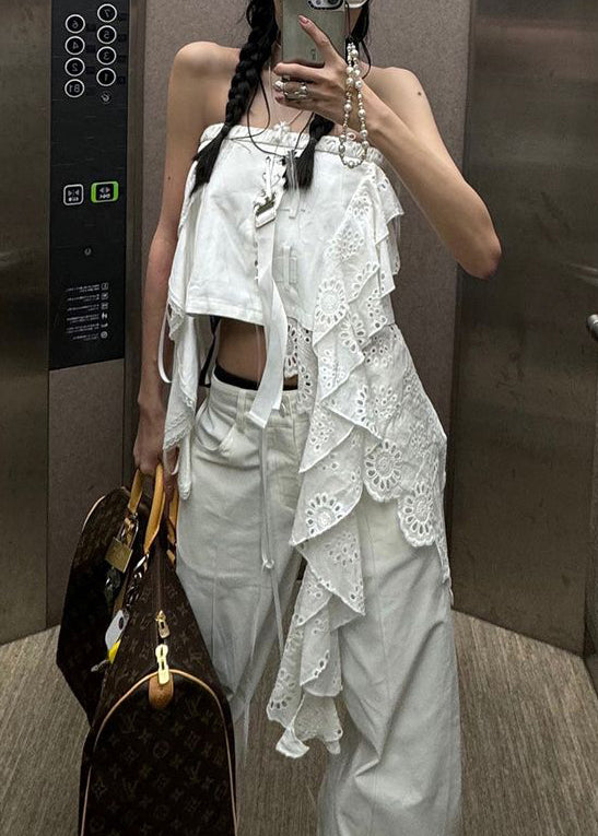 Sexy White Asymmetrical Hollow Out Cotton Tank Sleeveless