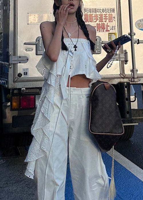 Sexy White Asymmetrical Hollow Out Cotton Tank Sleeveless
