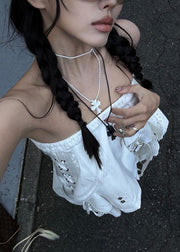 Sexy White Asymmetrical Hollow Out Cotton Tank Sleeveless