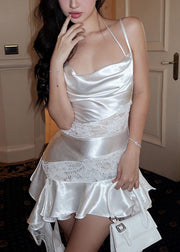 Sexy White Asymmetrical Lace Patchwork Silk Spaghetti Strap Dress Sleeveless