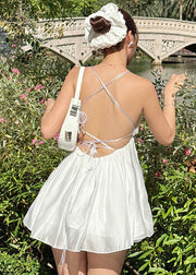 Sexy White Backless Lace Up Cotton Mini Dresses Summer