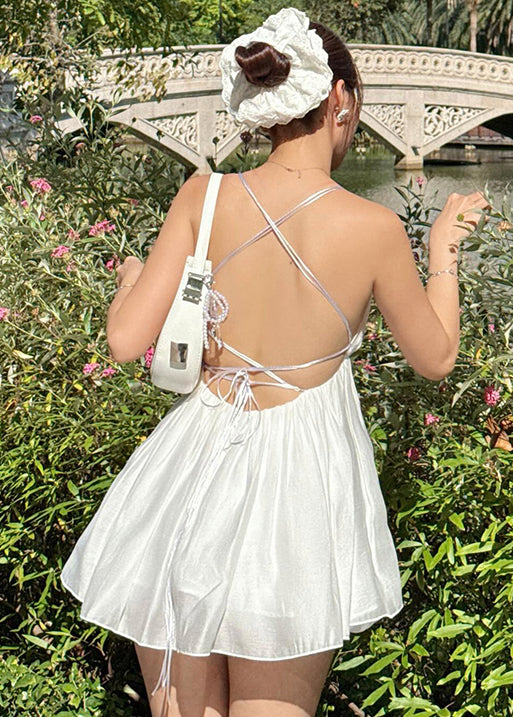 Sexy White Backless Lace Up Cotton Mini Dresses Summer