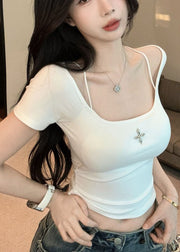 Sexy White Cold Shoulder Cotton Tanks Summer
