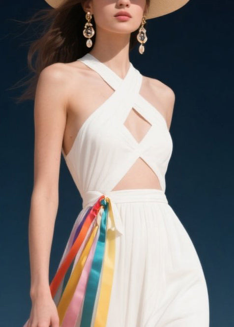 Sexy White Cold Shoulder Multicolour Ribbon Chiffon Halter Dress Summer