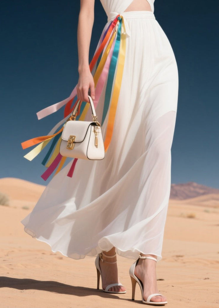 Sexy White Cold Shoulder Multicolour Ribbon Chiffon Halter Dress Summer
