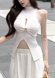 Sexy White Front Open Hollow Out Knit Tanks Summer