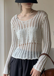 Sexy White Hollow Out Nail Bead Knit Sheer Tops Fall