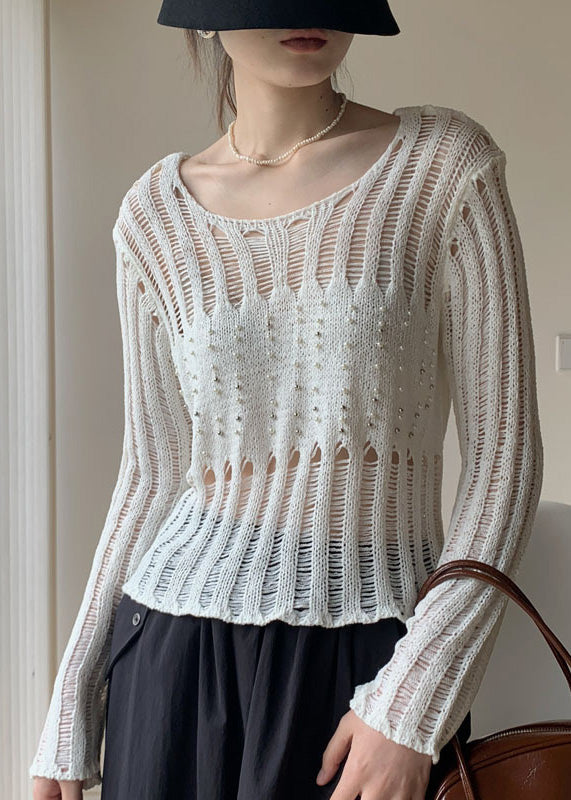 Sexy White Hollow Out Nail Bead Knit Sheer Tops Fall