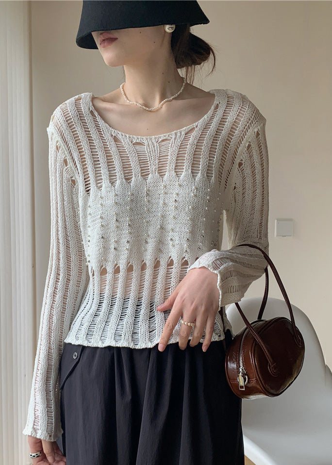 Sexy White Hollow Out Nail Bead Knit Sheer Tops Fall