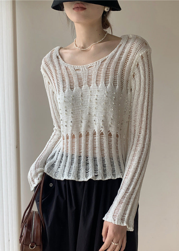 Sexy White Hollow Out Nail Bead Knit Sheer Tops Fall