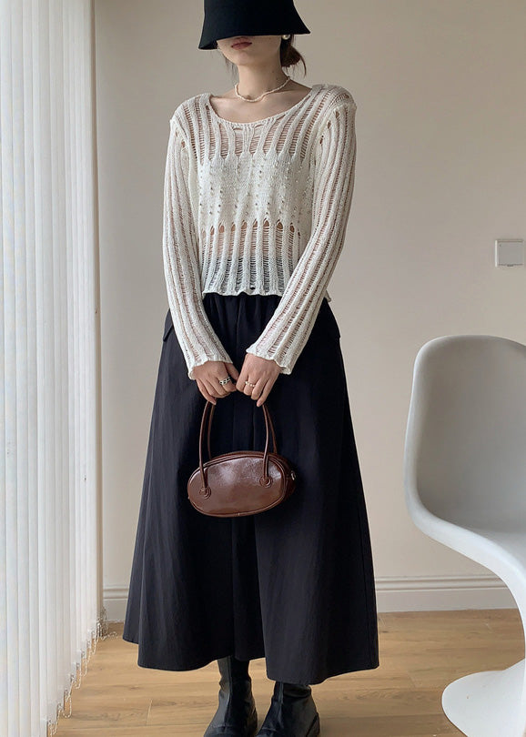 Sexy White Hollow Out Nail Bead Knit Sheer Tops Fall