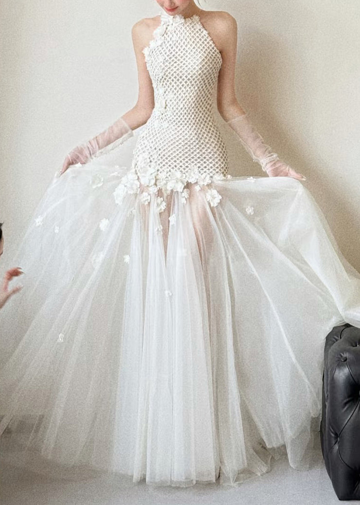 Sexy White Hollow Out Tulle Patchwork Party Dress Sleeveless