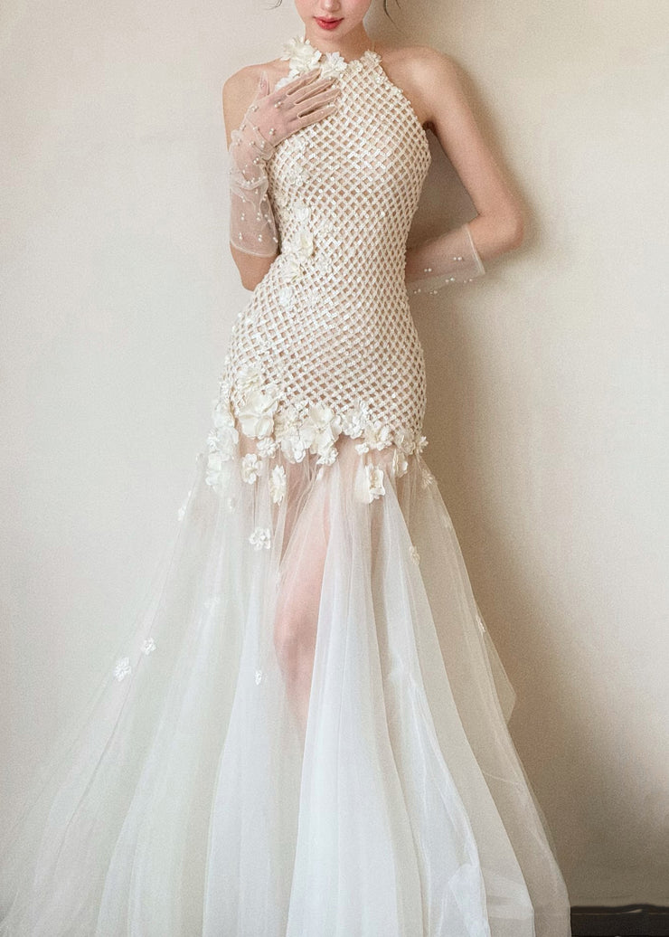 Sexy White Hollow Out Tulle Patchwork Party Dress Sleeveless