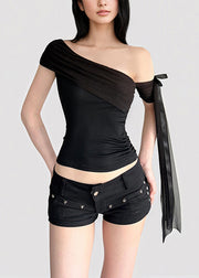 Sexy White One Shoulder Asymmetrical Tassel T Shirt Summer