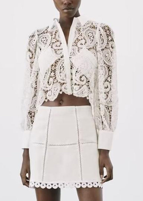 Sexy White Peter Pan Collar Hollow Out Lace Shirt Fall