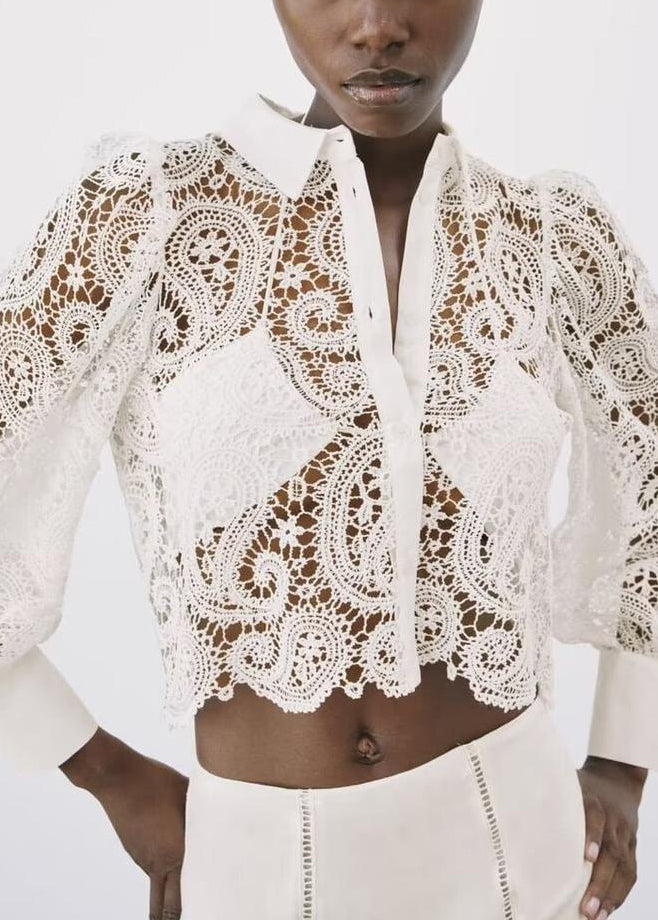 Sexy White Peter Pan Collar Hollow Out Lace Shirt Fall