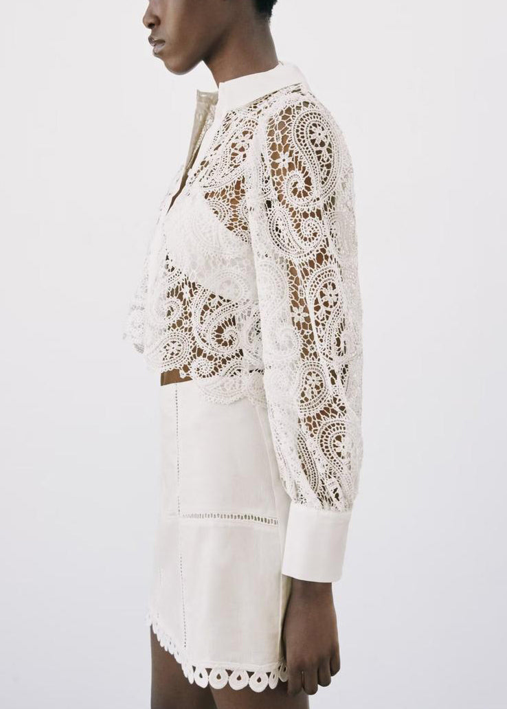 Sexy White Peter Pan Collar Hollow Out Lace Shirt Fall