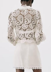 Sexy White Peter Pan Collar Hollow Out Lace Shirt Fall