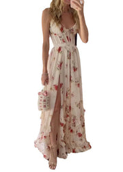 Sexy White Ruffled Print Side Open Cotton Long Dresses Sleeveless