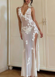 Sexy White Strapless Bikini Flower Side Open Long Swimwear Dresses
