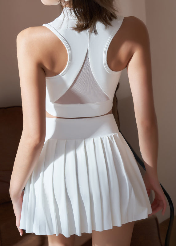 Sexy White Tulle Patchwork Sports Bra And Pleated Skirt Set Suit