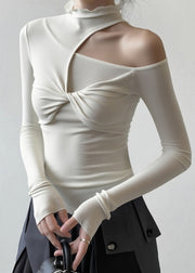 Sexy White Turtleneck Patchwork Cold Shoulder Hollow Out Tops Fall