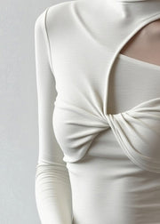 Sexy White Turtleneck Patchwork Cold Shoulder Hollow Out Tops Fall