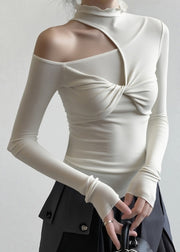 Sexy White Turtleneck Patchwork Cold Shoulder Hollow Out Tops Fall