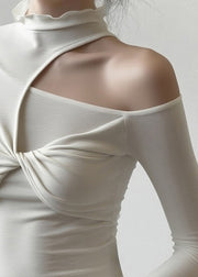 Sexy White Turtleneck Patchwork Cold Shoulder Hollow Out Tops Fall