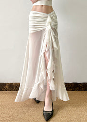 Sexy White Wrinkled Side Open Tulle Skirt Summer