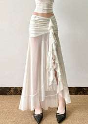 Sexy White Wrinkled Side Open Tulle Skirt Summer