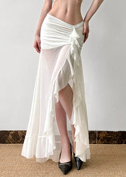 Sexy White Wrinkled Side Open Tulle Skirt Summer