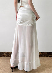 Sexy White Wrinkled Side Open Tulle Skirt Summer